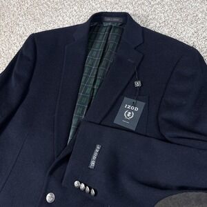 IZOD Blazer Mens 40L Navy Wool Blend Suede Elbow Patch Sport Coat Jacket